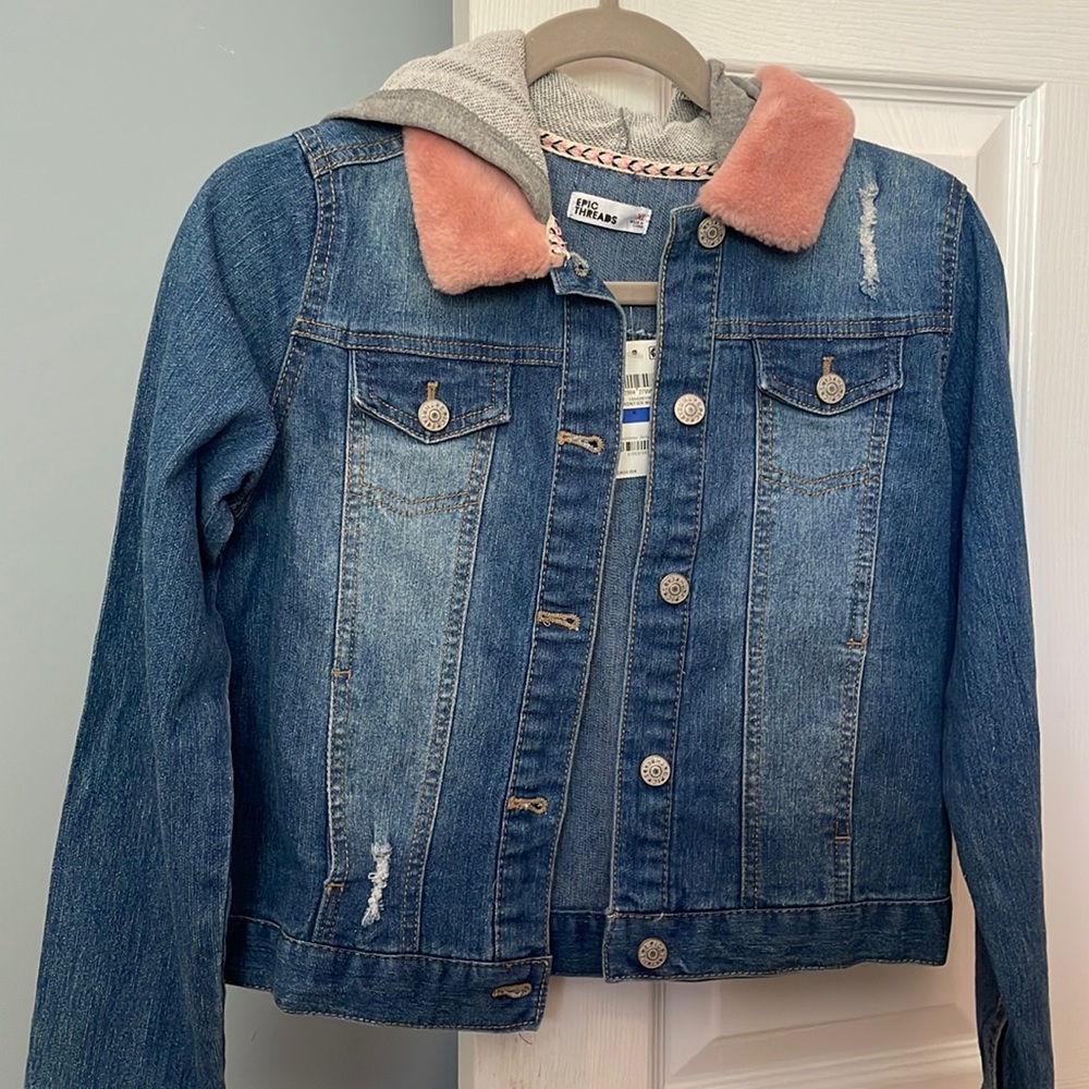 Epic Theas denim jacket with attached hoddie